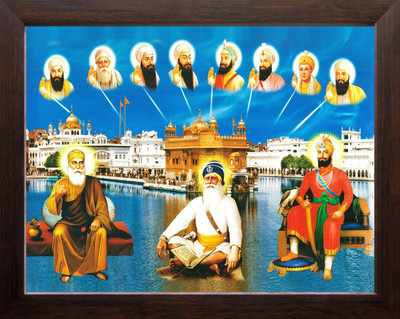 Artcoin Guru Nanak Dev ji Giving Blessing, Religious & Decor Picture Frame. Digital Reprint 9 inch x 7 inch Painting(With Frame)