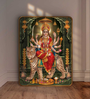 saf Maa Durga Wall Painting on Tiger with Golden Frame Sparkle Lamination Digital Reprint 14 inch x 11 inch Painting(With Frame)