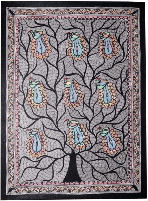 palak saxena Madhubani Mithila Painting - Vibrant Peacock on The Tree Natural Colors 22 inch x 32 inch Painting(Without Frame)