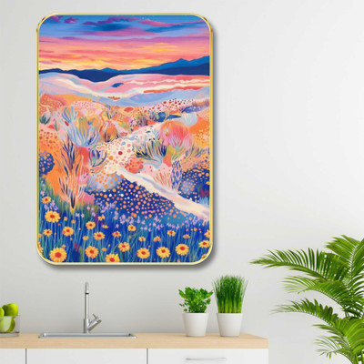 saf Colorful Sunset Desert Wall Art | Vibrant Floral Landscape Framed Painting(Brown)