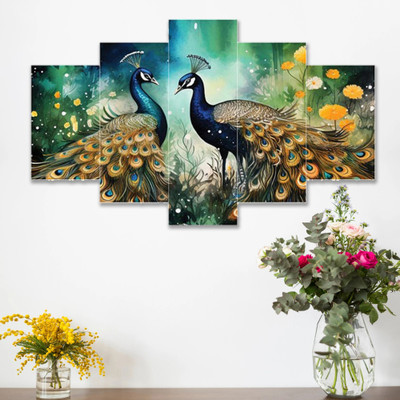 Masstone Peacock Scenery for wall | wall decoration | frames for home decor | 5 Panel MDF Digital Reprint 17 inch x 30 inch Painting(Without Frame, Pack of 5)