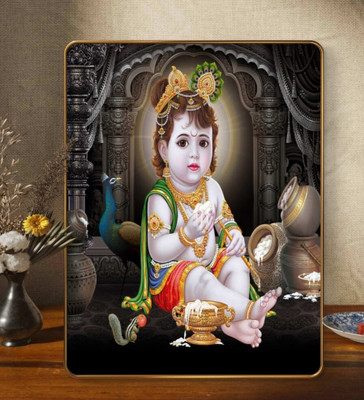 saf Bal Krishna Makhan Chor Wall Painting with Golden Frame Sparkle Lamination Digital Reprint 14 inch x 11 inch Painting(With Frame)