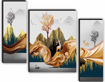 saf Golden Abstract Deer Landscape Wall Art | Nature-Inspired Decorative Panels Digital Reprint 12 inch x 20 inch Painting(Without Frame, Pack of 3)