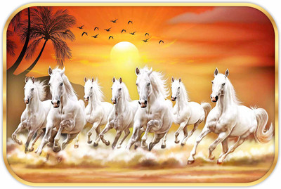 saf Seven Running Horses Sparkle Lamination Finished Surface Golden Slim Frame Digital Reprint 13.5 inch x 20 inch Painting(With Frame)