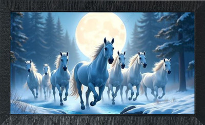 Tasvirra 7 White Horses Moonlit Night Wall Art Painting for Living Room Bedroom Office Digital Reprint 12 inch x 9 inch Painting(With Frame)