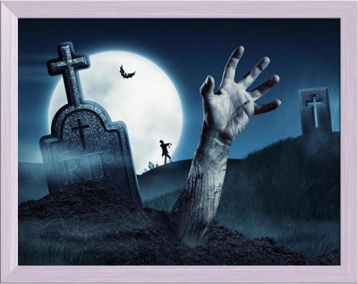 Artzfolio Zombie Hand Coming Out Of His Grave Canvas Painting White Frame 23.2x18inch Canvas 18 inch x 23.2 inch Painting(With Frame)