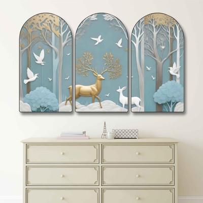 Aartify Golden Deer in Forest Wall Decor | Modern Abstract Artwork with Birds & Trees Digital Reprint 30 inch x 20 inch Painting(With Frame, Pack of 3)