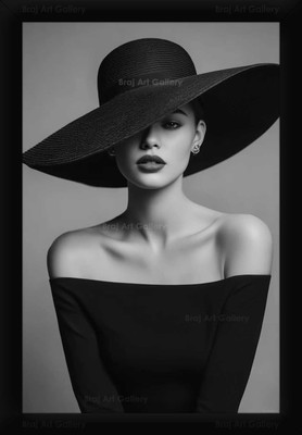 Braj Art Gallery Fashion Poster Model in Black Round Hat & Black Tube Dress Photo Frame Digital Reprint 19.5 inch x 13.5 inch Painting(With Frame)
