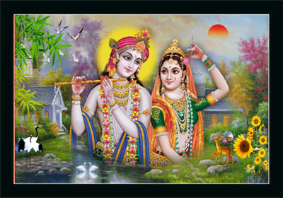 Dharvika Innovations Radha krishna photo frame with sparkle coated lamination Digital Reprint 20 inch x 14 inch Painting(With Frame)