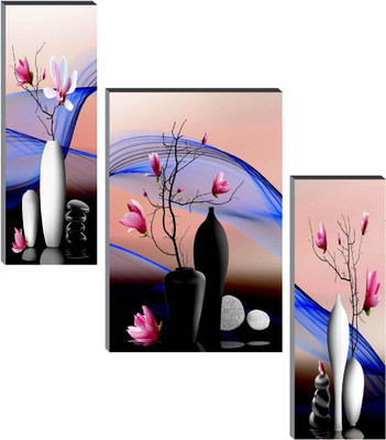 saf Set of 3 Floral Digital Reprint 12 inch x 18 inch Painting(With Frame, Pack of 3)
