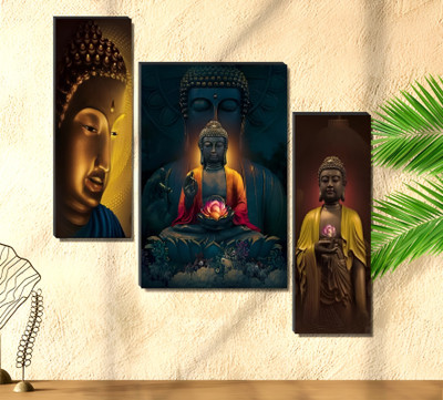 SNDArt Set Of 3 Lord Buddha Uv Textured Wall Paintings For Living Room Digital Reprint 17.9 inch x 12 inch Painting(Without Frame, Pack of 3)