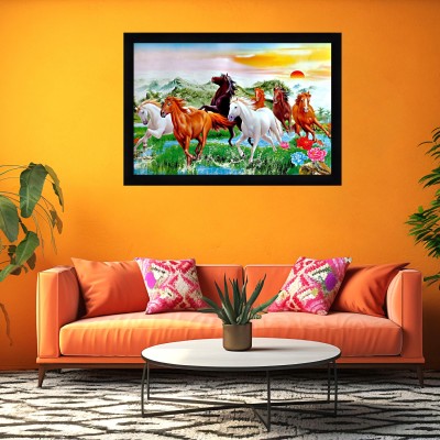 Indianara Vastu Seven Running Horses Without Glass Framed Art Print for Room Decor Digital Reprint 14 inch x 20 inch Painting(With Frame)