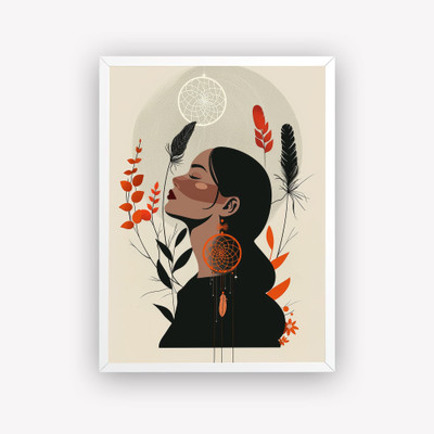 DECO THE HOME Boho Woman Wall Frame | Dreamcatcher & Botanical Abstract poster for Home Decor Digital Reprint 16 inch x 12 inch Painting(With Frame)
