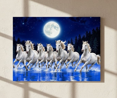Mayk Seven Horses Vastu Wall Painting for Home & Office | White Horses Running Digital Reprint 8.5 inch x 11 inch Painting(Without Frame)