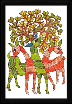Braj Art Gallery Three Impalas Under a Tree Gond Painting Photo Frame Digital Reprint 19.5 inch x 13.5 inch Painting(With Frame)