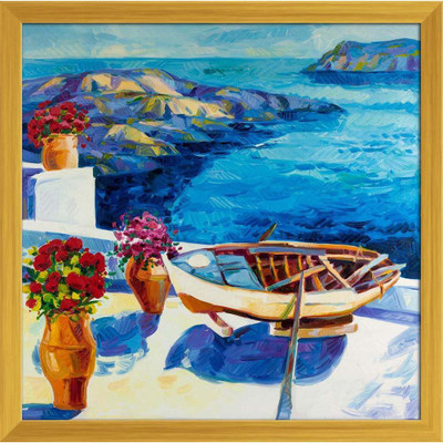Artzfolio White Houses & Flowers At Santorini Island Painting Golden Frame 24.1x24inch Canvas 24 inch x 24.1 inch Painting(With Frame)