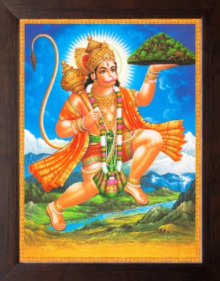 Artcoin Lord Hanuman Flying with Dronagiri Mountain Painting Frame. Digital Reprint 9 inch x 7 inch Painting(With Frame)