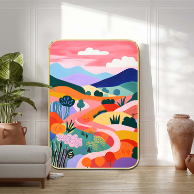 Aartify Colorful Fantasy Landscape Wall Decor | Abstract Pastel Hills & Nature Scene Digital Reprint 24 inch x 18 inch Painting(With Frame)