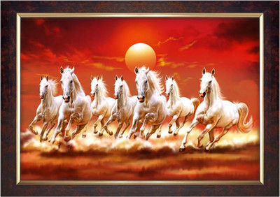 Dharvika Innovations Seven horse frame big size with sparkle coated lamination Digital Reprint 14 inch x 20 inch Painting(With Frame)