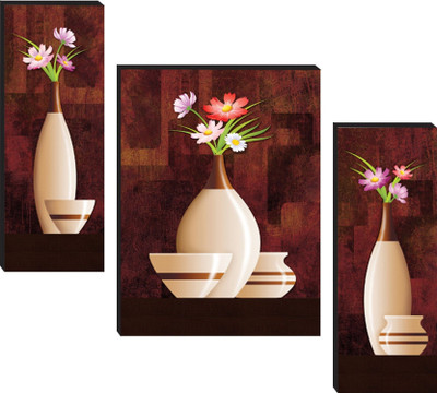 HALRE set Of 3(4971) Flower Pots 6MM MDF Digital Reprint 12 inch x 18 inch Painting(Without Frame, Pack of 3)