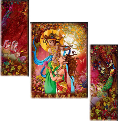 HALRE Set Of 3 Radha Krishna Uv Textured Self Addehsive Wall Painting For Living Room Digital Reprint 12 inch x 18 inch Painting(Without Frame, Pack of 3)