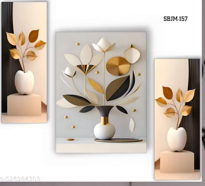 HALRE Set Of 3 Flower Pots Floral Wall Paintings For Living Room Gift Items Digital Reprint 12 inch x 18 inch Painting(Without Frame, Pack of 3)