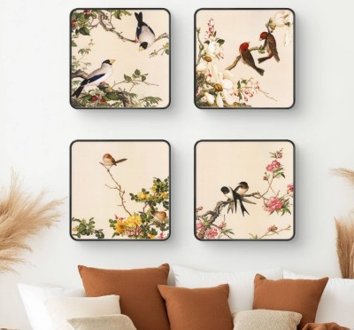 saf SET OF 4 BIRDS parkle Lamination Finished Surface Black Slim Frame Digital Reprint 19 inch x 19 inch Painting(With Frame, Pack of 4)