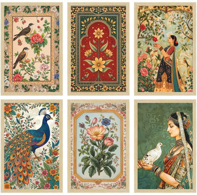 jv enterprises Indian Art Madhubani Paintings With Frame for Wall Decoration Digital Reprint 13 inch x 10 inch Painting(With Frame, Pack of 6)