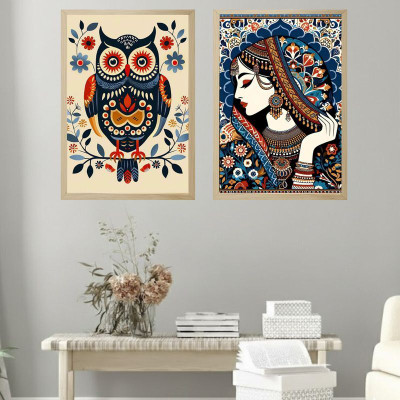 Tasvirra Pack of 2 Wooden Photo Frames – Decorative Owl & Indian Woman Art Prints Digital Reprint 12 inch x 9 inch Painting(With Frame, Pack of 2)