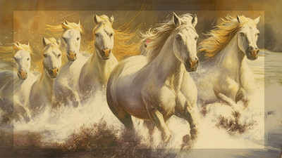 bareth brothers Divine Flow 3D Seven White Horse Frame (9.5 x 7.5 Inch) Digital Reprint 7.5 inch x 9.5 inch Painting(Without Frame)