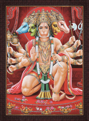 craftery Panchmukhi Hanuman Ji Photo Frame | Bajrangbali Wall Art for Home & Temple Digital Reprint 14 inch x 10 inch Painting(With Frame)