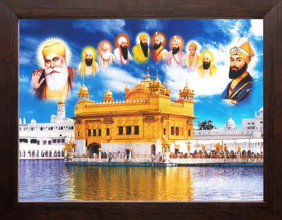 Artcoin All Ten Sikh Gurus and Golden Temple, Religious & Decor Picture Frame. Digital Reprint 9 inch x 7 inch Painting(With Frame)