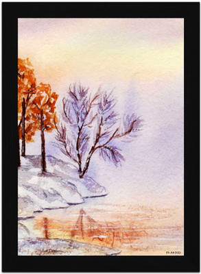 FRIZZY ARTS Frosted Dusk – Autumn Trees by a Frozen Lake Digital Reprint 20 inch x 14 inch Painting(With Frame)