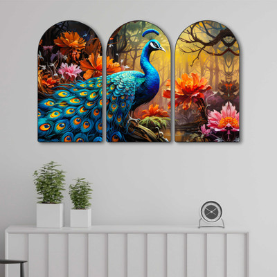 Aartify Majestic Peacock Wall Decor 3 Panel Set | Vibrant Blue Peacock & Lotus Flowers Digital Reprint 30 inch x 20 inch Painting(With Frame, Pack of 3)