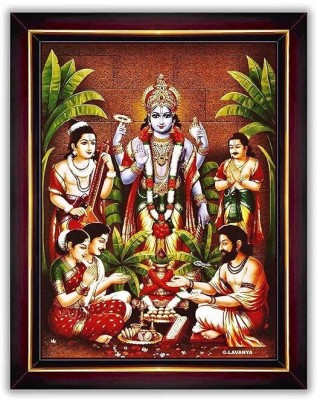 LVY Arts Lord Satyanarayana Swamy Wall Painting-Framed Home Decor for Puja(Wood,Brown) Digital Reprint 8 inch x 6 inch Painting(With Frame)