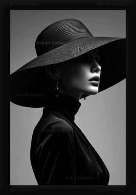 Braj Art Gallery Fashion Poster Model in Black Round Hat & Black High Neck Dress Photo Frame Digital Reprint 19.5 inch x 13.5 inch Painting(With Frame)
