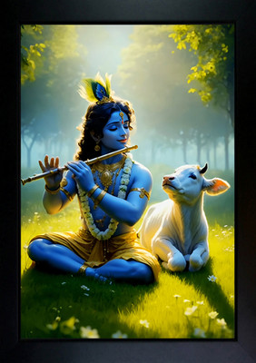 CrowdHall Krishna Ji Photo Frame | Krishna Ji Painting Digital Reprint 13.5 inch x 10 inch Painting(With Frame)