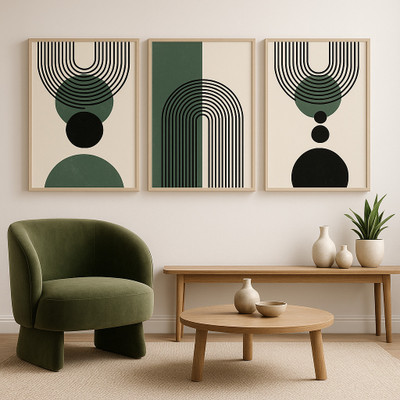 Arteriya “Architectural Harmony” Set of 3 Geometric Canvas Paintings Digital Reprint 19 inch x 36 inch Painting(With Frame, Pack of 3)