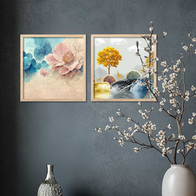 KOTART Floral Wall Art Painting with Frames | Wall Frames For Living Room Office Digital Reprint 13 inch x 13 inch Painting(With Frame, Pack of 2)