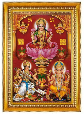 SHOPZY Lakshmi Ganesh Saraswati Ji Divine Blessing Frame Digital Reprint 12 inch x 9 inch Painting(With Frame)