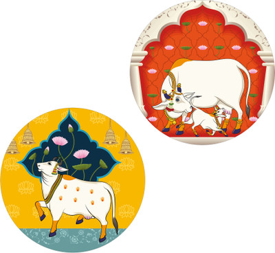 Indianara Set of 2 Pichwai Round Shape Wall Painting for living room/Home/Bedroom/Office Digital Reprint 12 inch x 12 inch Painting(Without Frame, Pack of 2)