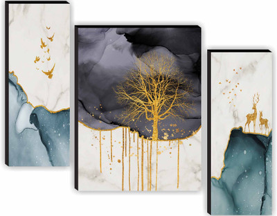 saf Golden Tree and Deer on Marble Texture with Ink Art Background Abstract Wall Art Digital Reprint 12 inch x 20 inch Painting(Without Frame, Pack of 3)