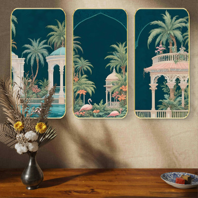 Aartify Set of 3 Flamingo Pavilion Wall Art | Exotic Flamingo Bird & Palm Tree Scenic Digital Reprint 20 inch x 30 inch Painting(With Frame, Pack of 3)