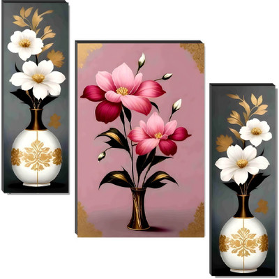 SNDArt Set Of 3 Flower Pots Floral Wall Paintings For Living Room Digital Reprint 12 inch x 18 inch Painting(Without Frame, Pack of 3)