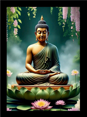 Kulthia Creation Gautam Buddha Serenity Over Lotus Wall art Decor A4 Size Digital Reprint 13 inch x 10 inch Painting(With Frame)