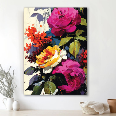 Painting Mantra Stretched Canvas Abstract Floral and Botanical Art Print in Pink, Yellow and Red Digital Reprint 16 inch x 22 inch Painting(Without Frame)