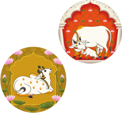 Indianara Set of 2 Pichwai Round Shape Wall Painting for living room/Home/Bedroom/Office Digital Reprint 12 inch x 12 inch Painting(Without Frame, Pack of 2)
