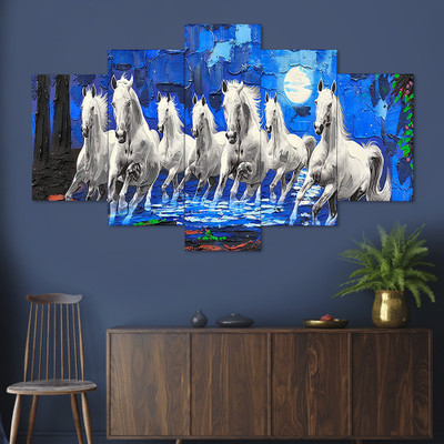 FINENINE 7 Running Horse Vaastu MDF UV Textured wall painting for Home decoration Canvas 24 inch x 47 inch Painting(With Frame)