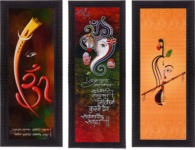 eCraftIndia Set Of 3 Lord Ganesha Om Radha Krishna Satin Matt Textured Canvas 16 inch x 21 inch Painting(With Frame, Pack of 3)