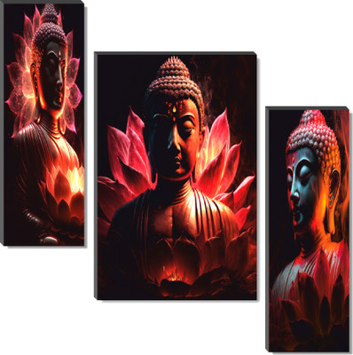 saf Fiery Red Lotus Buddha Wall Painting Digital Reprint 18 inch x 12 inch Painting(Without Frame, Pack of 3)